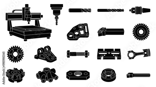 Black and White CNC Machine and Engineering Parts Vector Icons