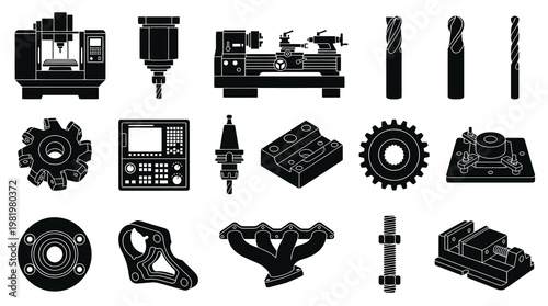 Industrial Machining, CNC Tools, Mechanical Parts  Engineering Equipment Glyph Icons Set