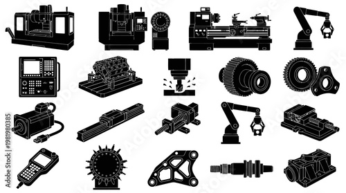 Industrial Manufacturing CNC Machines, Robotic Arms  Mechanical Parts Glyph Icon Set