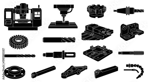 Industrial Manufacturing Black  White Line Art Glyphs: Machining Tools, Machines  Parts Set