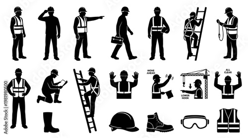 Construction Worker Safety Icons Set: Silhouette Glyph Art