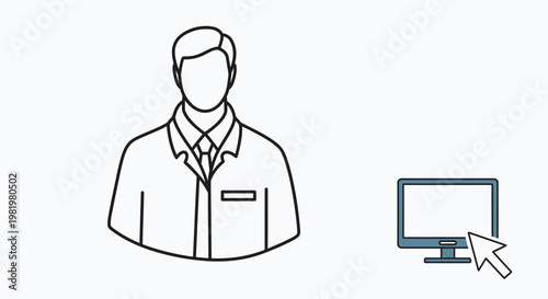 Professional person stands beside computer monitor with cursor pointing