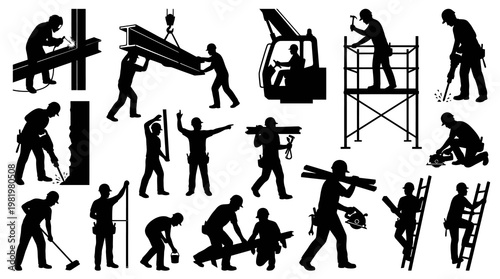 Construction workers silhouettes, industry, flat design, black and white