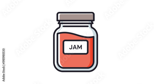 Jar of red jam with label illustration on white background
