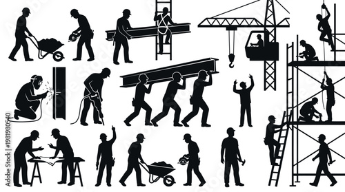 Construction Industry Workers Silhouettes  Tools Black and White Glyph Icons Set