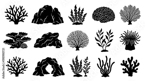 Marine Aquarium Decor Silhouettes Set: Coral, Rock, Seaweed  Anemone Black Icons