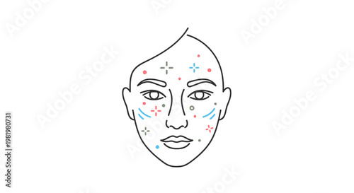 Line drawing of a face with marks and cosmetic elements on white background