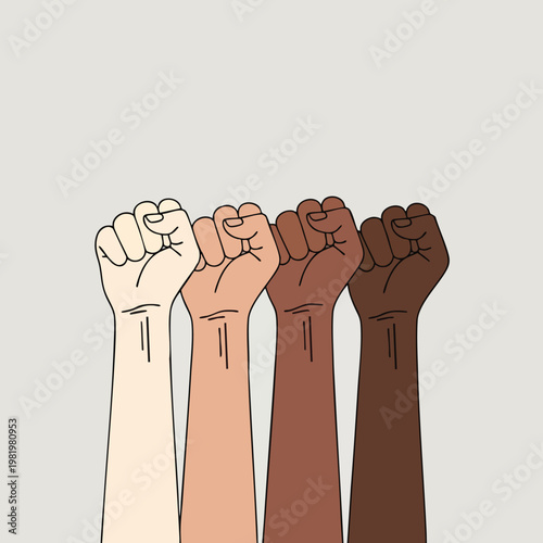 Diverse Group of Raised Fists Symbolizing Unity and Empowerment