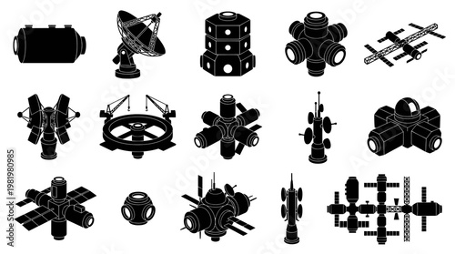 Space Technology Black and White Glyph Icons Set: Isometric Space Stations, Modules, and Satellite Dishes