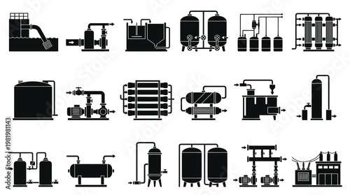 Industrial Water Treatment, Process Plant, and Energy Equipment Glyph Icons