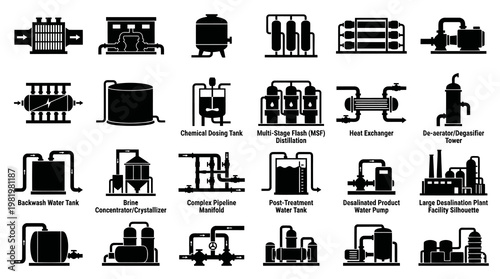 Water Desalination and Treatment Plant Industrial Process Glyph Icons Set