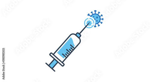 Medical syringe injecting a virus particle against a white background