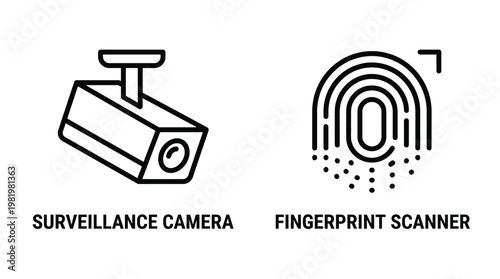 Biometric security icons set, surveillance camera and fingerprint scanner, black line style, for safety and access control systems