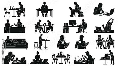 Digital Lifestyle People Activities Silhouette Icons Set - Work, Study  Leisure