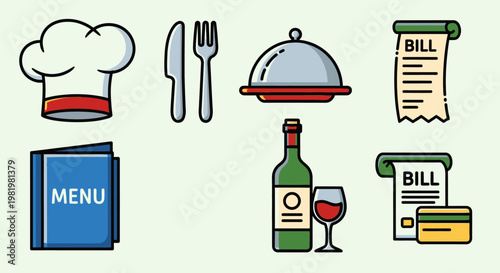 Restaurant and dining icons set chef hat cutlery cloche bill menu wine