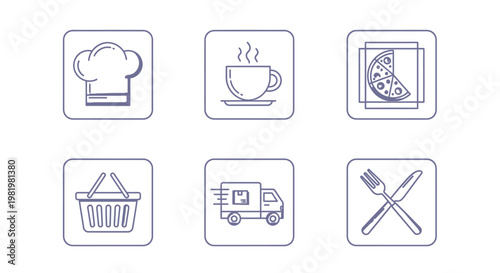 Restaurant icons chef hat coffee pizza shopping basket delivery truck cutlery