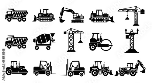 Construction Vehicles and Machinery Icons Set - Vector Illustration