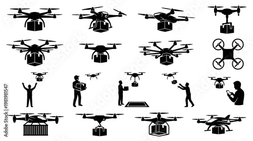 Drone Delivery Logistics Technology Silhouette Icons Set