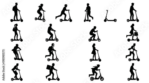 Urban Mobility Electric Scooter Silhouette Icons Set. People Riding Kick Scooters Glyphs.
