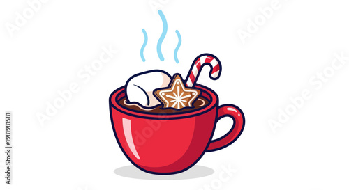 Cozy Christmas Hot Chocolate with Marshmallow, Candy Cane, and Star Cookie