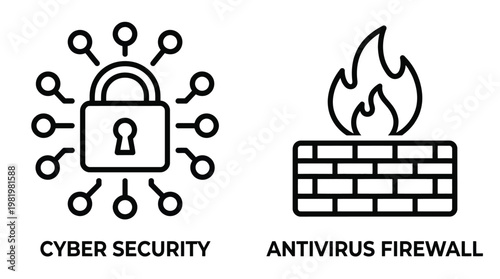 Cyber security icons set, antivirus firewall and lockout, vector EPS, black and white, technology background