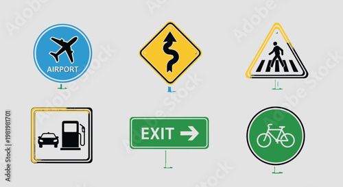 Road signs illustration set airplane winding road pedestrian crossing gas station