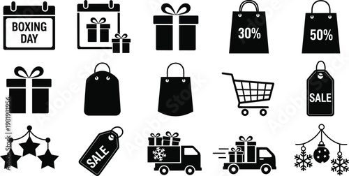 Boxing day sale and retail shopping icon collection with gift boxes shopping bags and delivery truck.