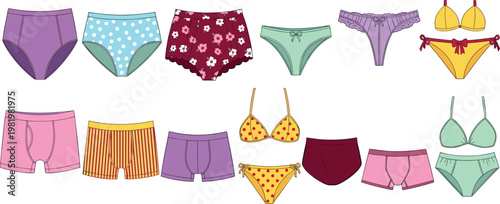 Collection of Women's Underwear in Various Styles and Patterns for Fashion, Clothing, and Apparel Themes in Digital Designs