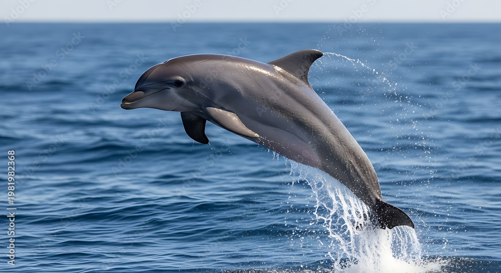Obraz premium A dolphin jumping out of the ocean water in a beautiful natural scene