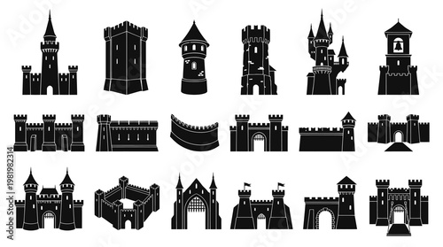 Black and White Glyph Icons of Medieval Castles and Towers