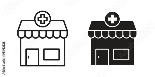 Pharmacy icon editable vector pack. Black flat and line symbols