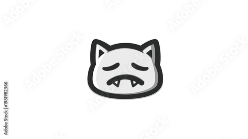 Sad monster cat face icon with fangs and pointed ears on white background. Cute cartoon emoji illustration expressing disappointment.
