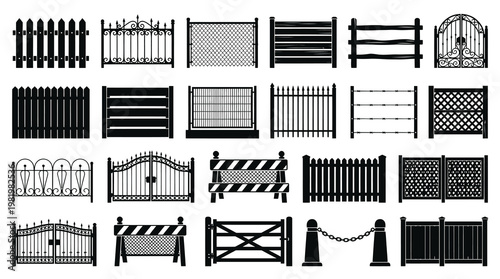 Construction Security Fences, Gates, and Barriers Black Silhouette Icons Set