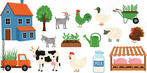 Rustic Farm and Countryside Vector Illustration Collection Featuring Blue Farmhouse, Livestock, Gardening Tools, and Agricultural Elements for Branding and Educational Design