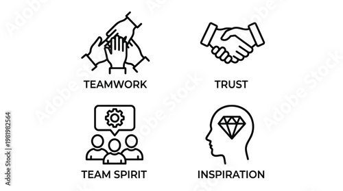 Teamwork and inspiration icons, business partnership, trust and team spirit concept, line style, black and white
