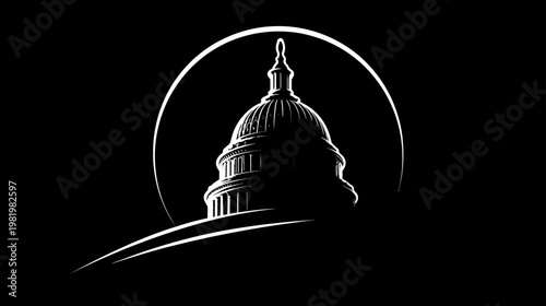 Elegant architectural dome building silhouette against a dark background, representing government, power, and authority. Minimalist design.