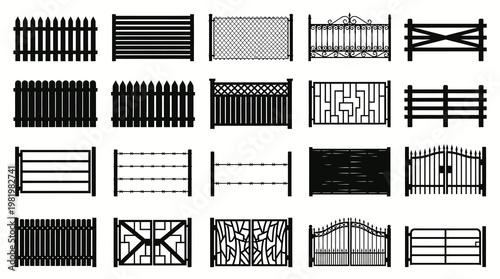 Architecture  Construction Fence and Gate Designs - Black Silhouette Glyphs Set