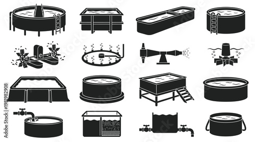 Aquaculture Equipment Icons: Black and White Glyphs for Fish Farming
