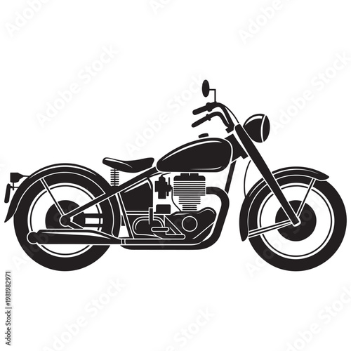 Classic black and white illustration of a vintage cruiser motorcycle.