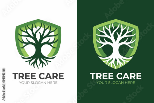 This logo showcases a shield with a tree design, representing protection and care for nature, ideal for environmental services and ecological awareness campaigns.