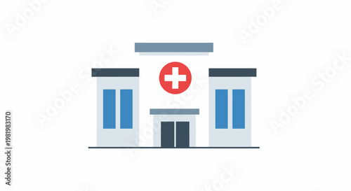 Modern healthcare facility illustration with red cross symbol on white background