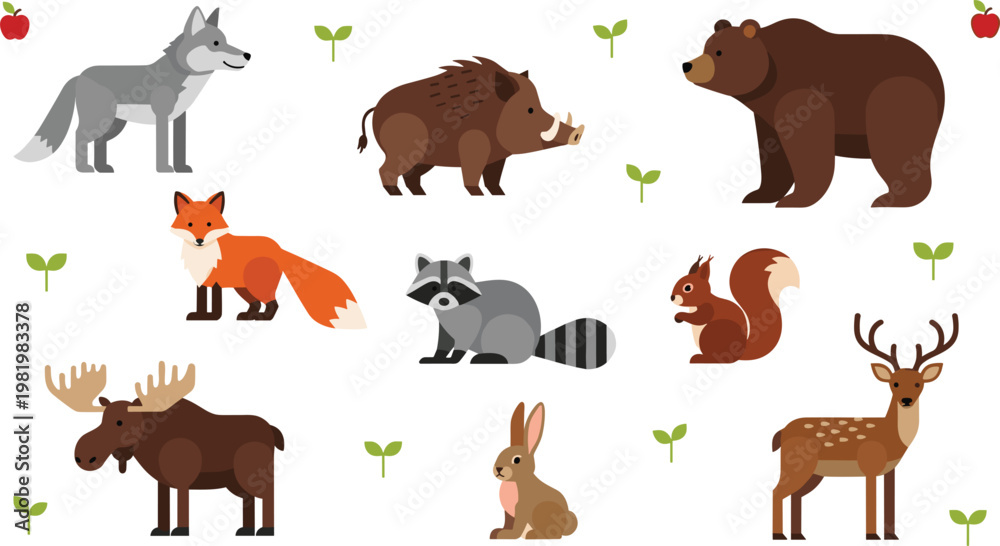 Obraz premium Woodland Wild Animal Vector Collection Featuring Moose, Bear, Wolf, Fox, Deer, and Raccoon Icons for Nature Conservation, Forest Education, and Modern Wildlife Graphics