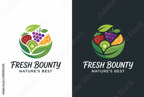 A colorful logo design representing freshness and nature, featuring a variety of fruits within a circular shape, ideal for an organic produce company focused on quality.