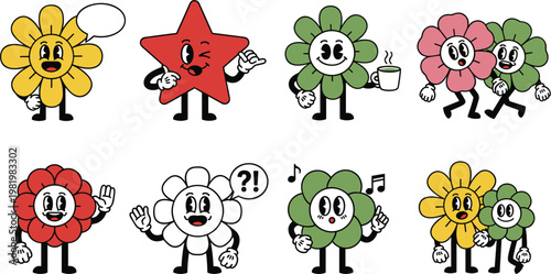 Set of Cute Cartoon Flowers and Stars with Expressions and Poses for Fun, Playful, and Animated Themes in Digital Design and Graphics