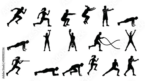 Fitness Sport Workout Exercises Silhouettes Vector Icons Set Black and White Glyph