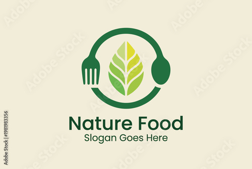This logo showcases a fresh green leaf at its center, surrounded by a fork and spoon, emphasizing the theme of natural and healthy food options for consumers.