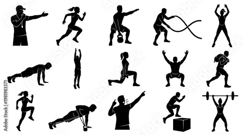 Fitness and Exercise Silhouettes: Diverse Workout Poses, Vector Art