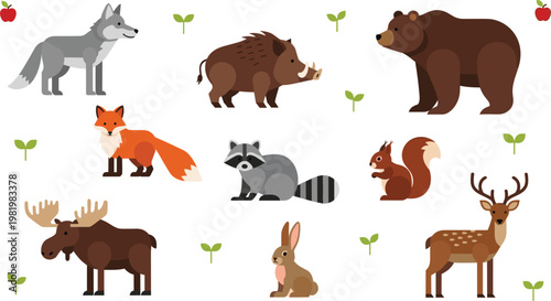 Woodland Wild Animal Vector Collection Featuring Moose, Bear, Wolf, Fox, Deer, and Raccoon Icons for Nature Conservation, Forest Education, and Modern Wildlife Graphics