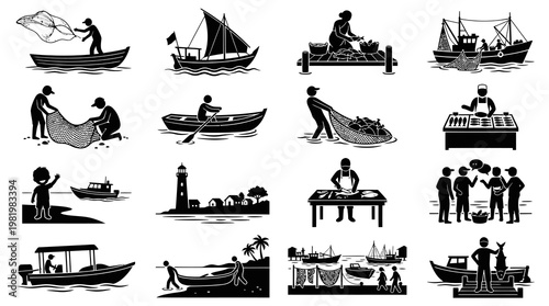 Fishing Industry Fishermen Glyph Icon Set - Coastal Life and Fishery Black Silhouette Pictograms