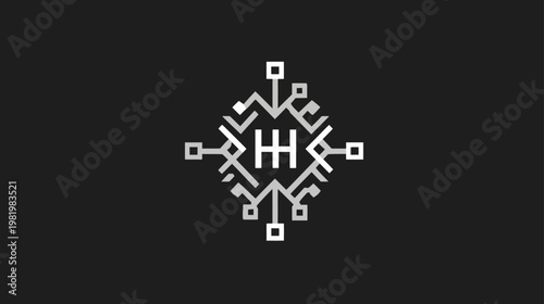 Elegant abstract geometric digital symbol with branching lines and a central element on a dark background. Modern technology circuit design concept.